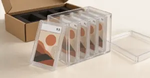 A clear storage box holds graded trading-card slabs beside its transparent lid and an open protective submission mailer.