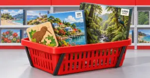 A red shopping basket holds a wooden kiwi puzzle and 500-piece and 1,000-piece jigsaw boxes in front of a shop’s puzzle shelves.