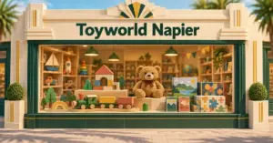 Conceptual illustration of a Napier Art Deco-inspired toy shop window displaying a teddy bear, wooden train, building blocks, puzzles and games beneath a Toyworld Napier sign.