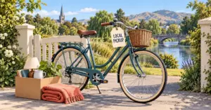 A bicycle with a local pickup tag stands beside a box of household goods and a coral blanket in a Christchurch riverside garden.