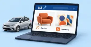 A laptop displays New Zealand marketplace listings for an armchair at auction and collectible cards with Buy Now, beside a silver car.