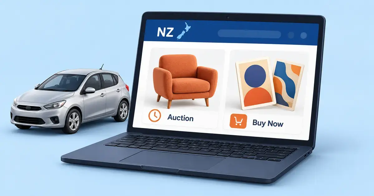 A laptop displays New Zealand marketplace listings for an armchair at auction and collectible cards with Buy Now, beside a silver car.