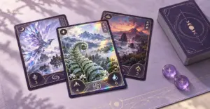 Three fantasy trading cards featuring a silver fern, a crystalline bird and a volcanic coast lie beside a deck and purple game counters on a lavender playmat.