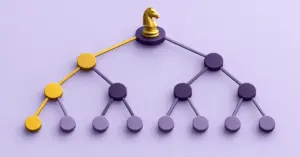 A branching game tree beneath a chess knight shows possible moves and outcomes, with one decision path highlighted in gold against lavender nodes.