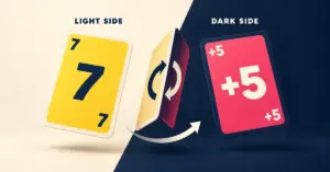 Stylised cards illustrate Uno Flip switching from a yellow Light Side card to a pink Dark Side draw-five card, with curved arrows showing the flip.