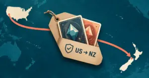 Two trading cards in a kraft shipping tag marked US to NZ follow a coral route from the United States to New Zealand, with a shield symbol representing buyer protection.