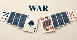 An ace of spades faces a king of hearts after matching sevens and three face-down cards each in a War card game tie-breaker.