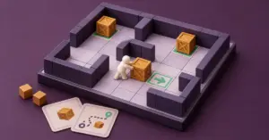 A warehouse keeper pushes a wooden crate towards a marked goal on a miniature puzzle board, with logistics cards and cargo cubes alongside.