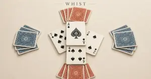 Four spade cards form a Whist trick, surrounded by four fans of face-down cards with matching colours marking opposite partnerships.