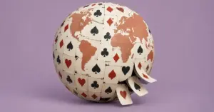 A globe made from overlapping playing cards with suit symbols and terracotta continents against a muted lilac background.